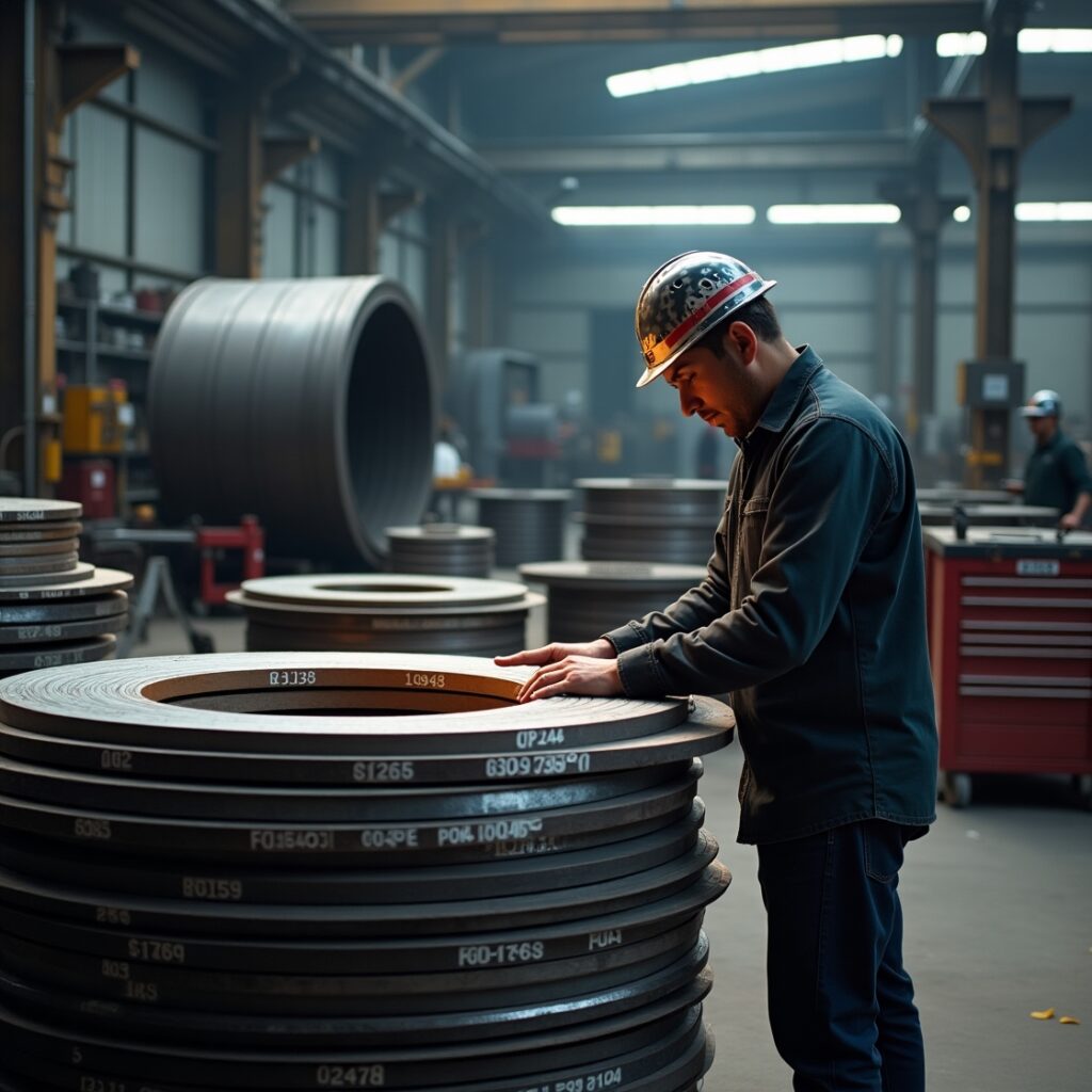 Affordable MS Circle Solutions for Fabricators in a workshop with stacked steel circles and technician inspecting quality.