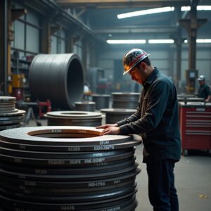 Affordable MS Circle Solutions for Fabricators in a workshop with stacked steel circles and technician inspecting quality.
