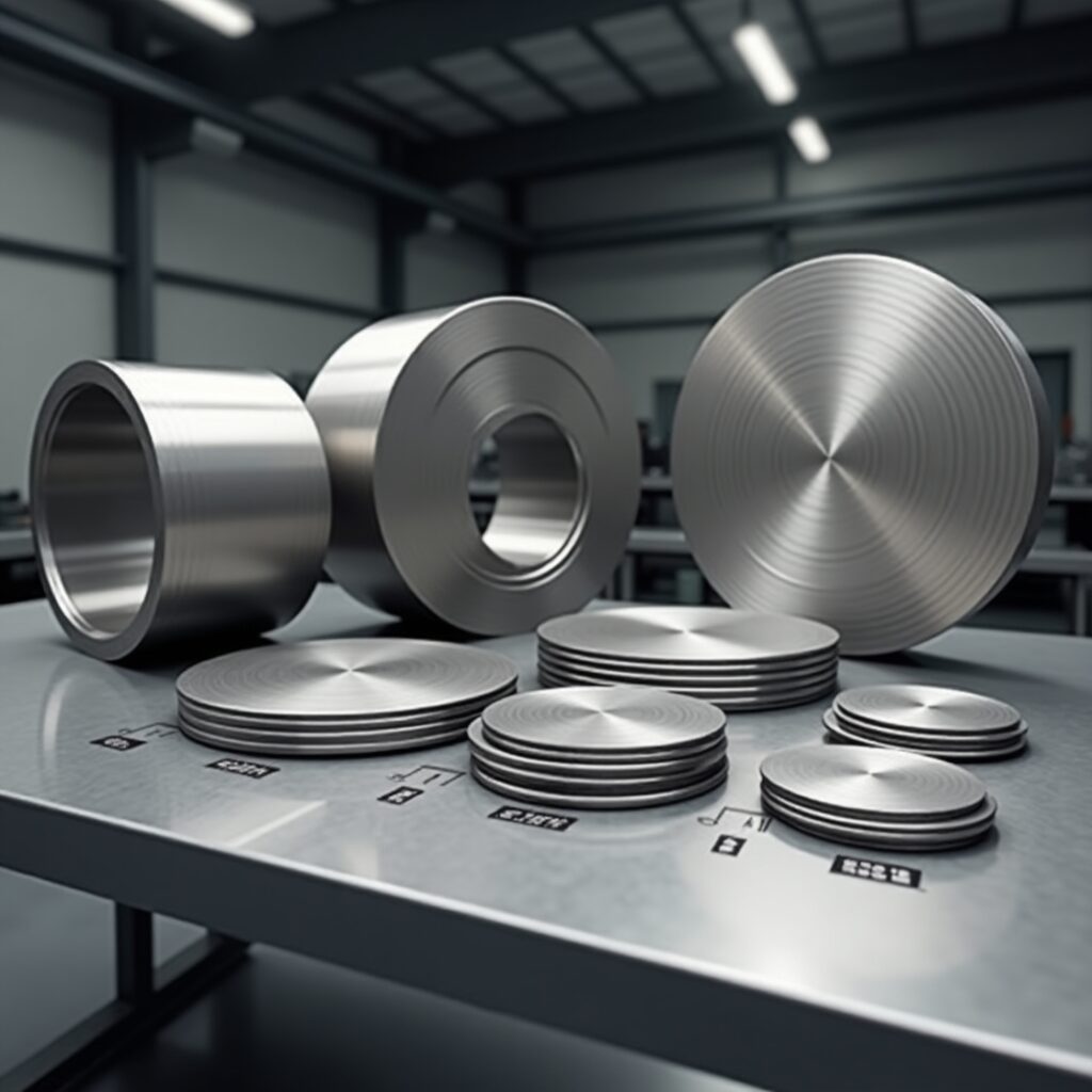 Various sizes and thicknesses of mild steel (MS) circles arranged on a metallic table in an industrial setting, with clear dimensional labeling.