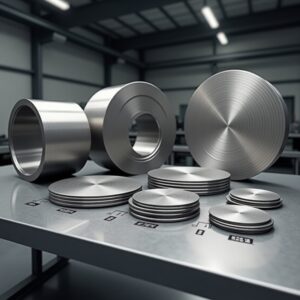 Various sizes and thicknesses of mild steel (MS) circles arranged on a metallic table in an industrial setting, with clear dimensional labeling.